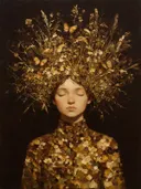 Vrouw met veldbloemen, olieverf in kastanje en goud, schilderachtig olieverf schilderij, vrouw met veldbloemen