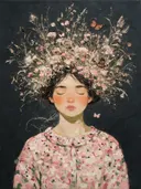 Schilderachtig olieverf schilderij, vrouw met veldbloemen in kersenbloesem
