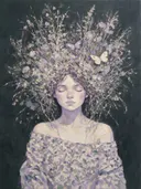 Vrouw met veldbloemen, olieverf in lavendelvelden, schilderachtig olieverf schilderij, vrouw met veldbloemen