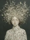 Vrouw met veldbloemen, olieverf in mist, schilderachtig olieverf schilderij, vrouw met veldbloemen