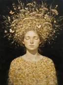 Vrouw met veldbloemen, olieverf in mosterd op zwart, vrouwen schilderij