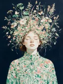 Vrouw met veldbloemen, olieverf in munt en koraal, schilderachtig olieverf schilderij, vrouw met veldbloemen