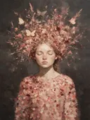 Vrouw met veldbloemen, olieverf in oud roze, schilderachtig olieverf schilderij, vrouw met veldbloemen