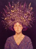 Vrouw met veldbloemen, olieverf in paars en goud, schilderachtig olieverf schilderij, vrouw met veldbloemen