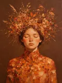 Schilderachtig olieverf schilderij, vrouw met veldbloemen in terracotta