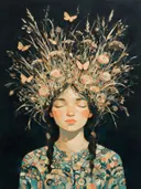 Vrouw met veldbloemen, olieverf in turkoois en zand, schilderachtig olieverf schilderij, vrouw met veldbloemen