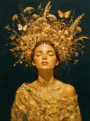 Vrouw met veldbloemen, olieverf in warm amberglans, schilderachtig olieverf schilderij, vrouw met veldbloemen