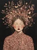 Vrouw met veldbloemen, olieverf in warm oud roze, schilderachtig olieverf schilderij, vrouw met veldbloemen
