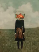 Figuur met een vissenkom als hoofd, staand in een grasveld onder een bewolkte lucht