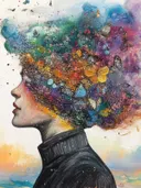 Vrouw in profiel met haar dat overgaat in een wolk van kleurrijke vlinders en verfspatten