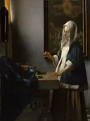 Vrouw met weegschaal van Johannes Vermeer: figuren met vrouw, weegschaal, tafel en raam, in donker bruin met blauw