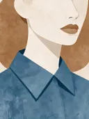 Vrouw met wijde kraag in denimblauw, mid-century modern schilderij
