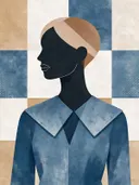 Vrouw met wijde kraag in denimblauw, mid-century modern schilderij