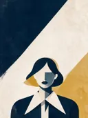 Vrouw met wijde kraag in middernachtblauw, mid-century modern schilderij