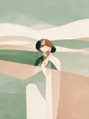 Vrouw met wijde kraag in saliegroen, mid-century modern schilderij