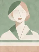 Vrouw met wijde kraag in saliegroen, mid-century modern schilderij