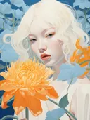 Portret van een vrouw met wit haar naast een grote oranje bloem op blauwe achtergrond.