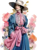 Illustratie van een vrouw in blauw met een roze strik en witte hoed tussen bloemen.