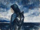 Schilderij: vrouw met wolf aan zee