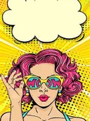 Pop-art portret van een vrouw met roze haar en een zonnebril met de tekst Wow