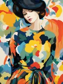 Portret van een vrouw met zwarte hoed in een kleurrijke abstracte jurk.
