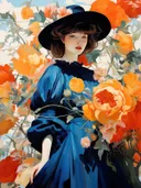 Vrouw met zwarte hoed tussen oranje bloemen, portret schilderij