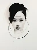 Portret van een vrouw met gesloten ogen, omgeven door cirkelvormige lijnen en een zwart vlak over het haar.