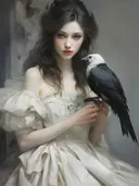 Portret van een vrouw met een zwart-witte vogel op haar hand