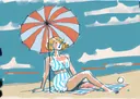 Retro illustratie van een vrouw onder een strandparasol