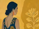 Schilderij van vrouw op de rug gezien in oker en nachtblauw, in vlakke kleurvlakken