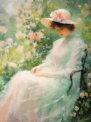 Impressionistisch schilderij van vrouw op tuinbank tussen rozen