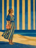 Vrouw op het strand in delftsblauw en mosterd, landschap schilderij