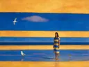 Schilderij van vrouw op het strand in kobalt en oker, in vlakke kleurvlakken