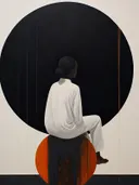 Portret van een zittende vrouw van achteren gezien, in het wit gekleed, op een oranje cirkel tegen een zwarte achtergrond.