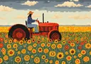 Illustratie van een vrouw met hoed op een rode tractor in een veld vol zonnebloemen
