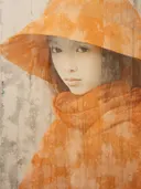 Close-up portret van vrouw in oranje kap en cape met regentextuur.