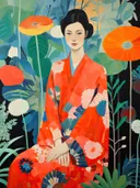 Vrouw in oranje bloemkimono te midden van tropisch blad en oranje bloemen.
