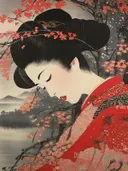 Vrouw in rode kimono naast bloesemtak met bergen op de achtergrond.