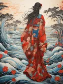 Vrouw van achteren in rode kimono voor hoog oprijzende golven.