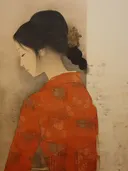 Vrouw van opzij in rode kimono met chrysantenmotief tegen nevelige achtergrond.