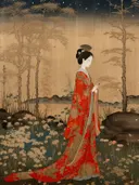 Vrouw in rood-gouden kimono lopend door een nachtelijk bloemenveld.