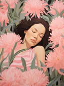 Portret van een rustende vrouw omringd door grote roze chrysanten.