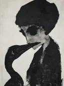 Zwart silhouet van vrouw naast een reiger