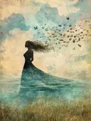 Silhouet van een vrouw met een zwerm vlinders die uit haar haar opstijgt tegen een wolkenlucht