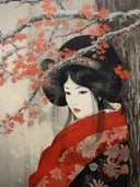 Vrouw in rode kimono tegen boomstam met sneeuwbedekte rode bloesem.