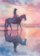 Aquarel silhouet van een vrouw te paard op een strand bij een roze zonsondergang