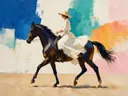 Vrouw te paard, olieverf in diep fel jade, schilderachtig olieverf schilderij, vrouw te paard