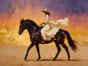 Vrouw te paard, olieverf in diep gouden uur, schilderachtig olieverf schilderij, vrouw te paard