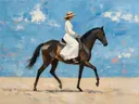 Vrouw te paard, olieverf in diep hemelsblauw, schilderachtig olieverf schilderij, vrouw te paard
