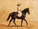 Vrouw te paard, olieverf in diep kaneel en karamel, schilderachtig olieverf schilderij, vrouw te paard
